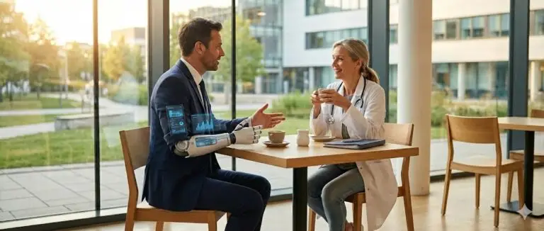 Médico y visitador médico conversando con un café, concepto de humanización frente a la tecnología.